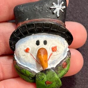 Snowman Brooch with Black Hat and Green Scarf